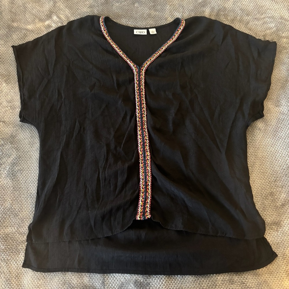 Cato Womens XL Black V-Neck Blouse Braided Multi Color Trim High Low Top